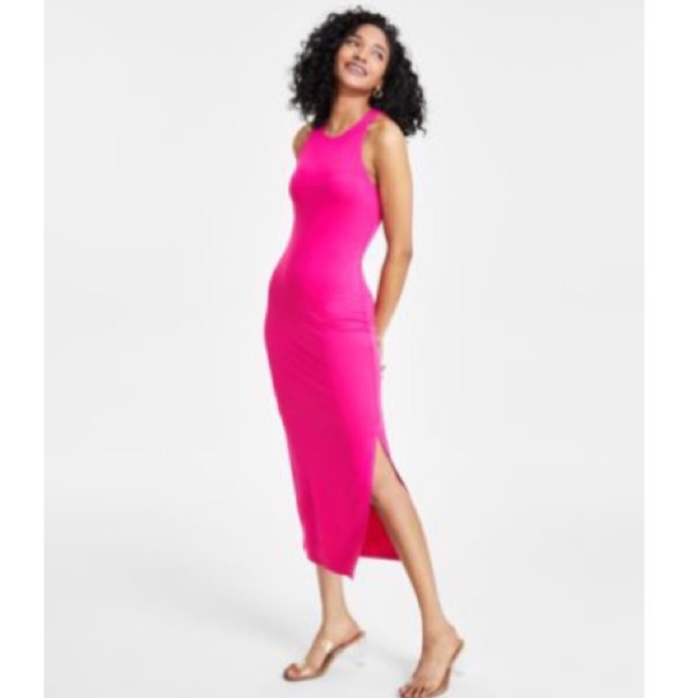 Hot Pink Smooth Side-Slit Bodycon Midi Dress